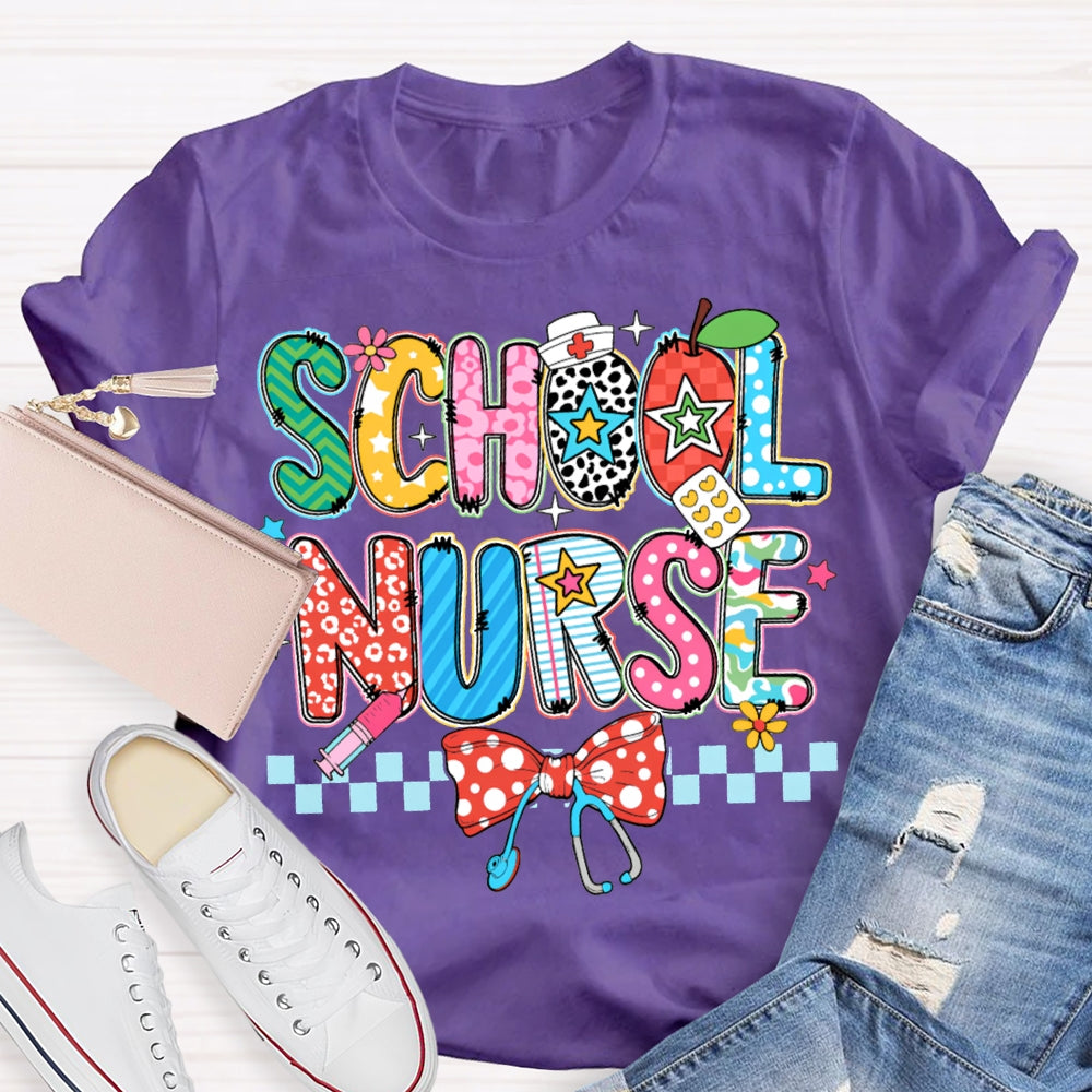 School Nurse Bow Stethoscope And Colored Lettering T-shirt