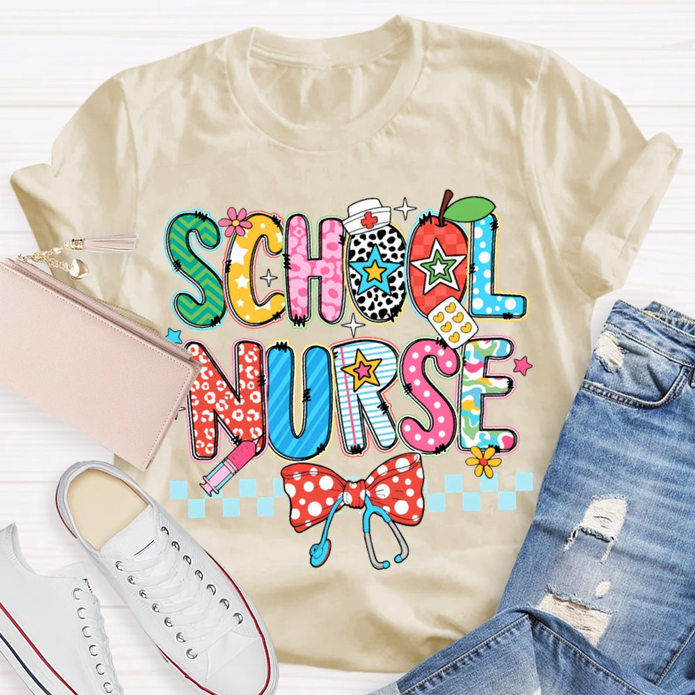 School Nurse Bow Stethoscope And Colored Lettering T-shirt