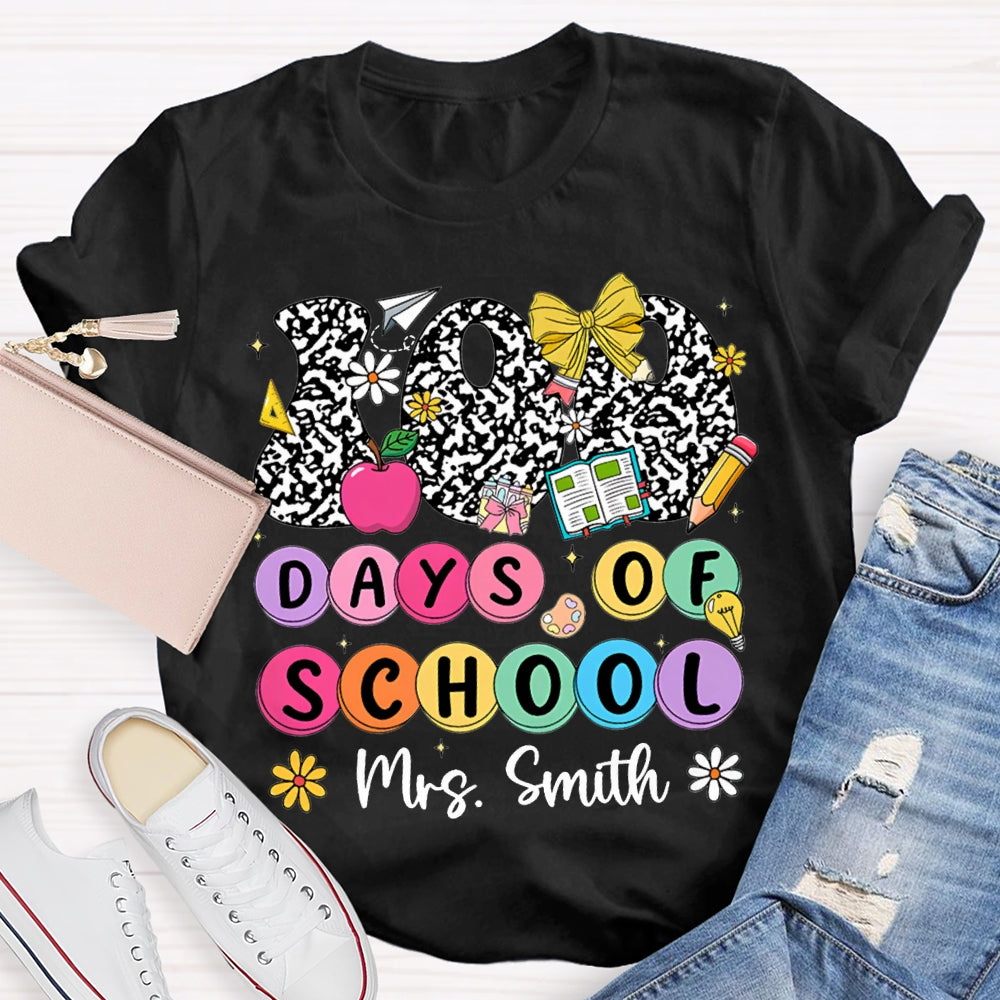 Personalized Name 100 Days Of School Colorful Polka Dot Font T-shirt