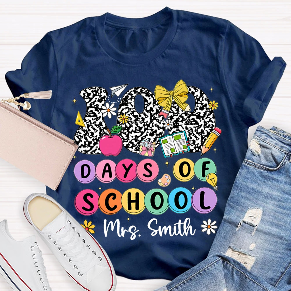 Personalized Name 100 Days Of School Colorful Polka Dot Font T-shirt