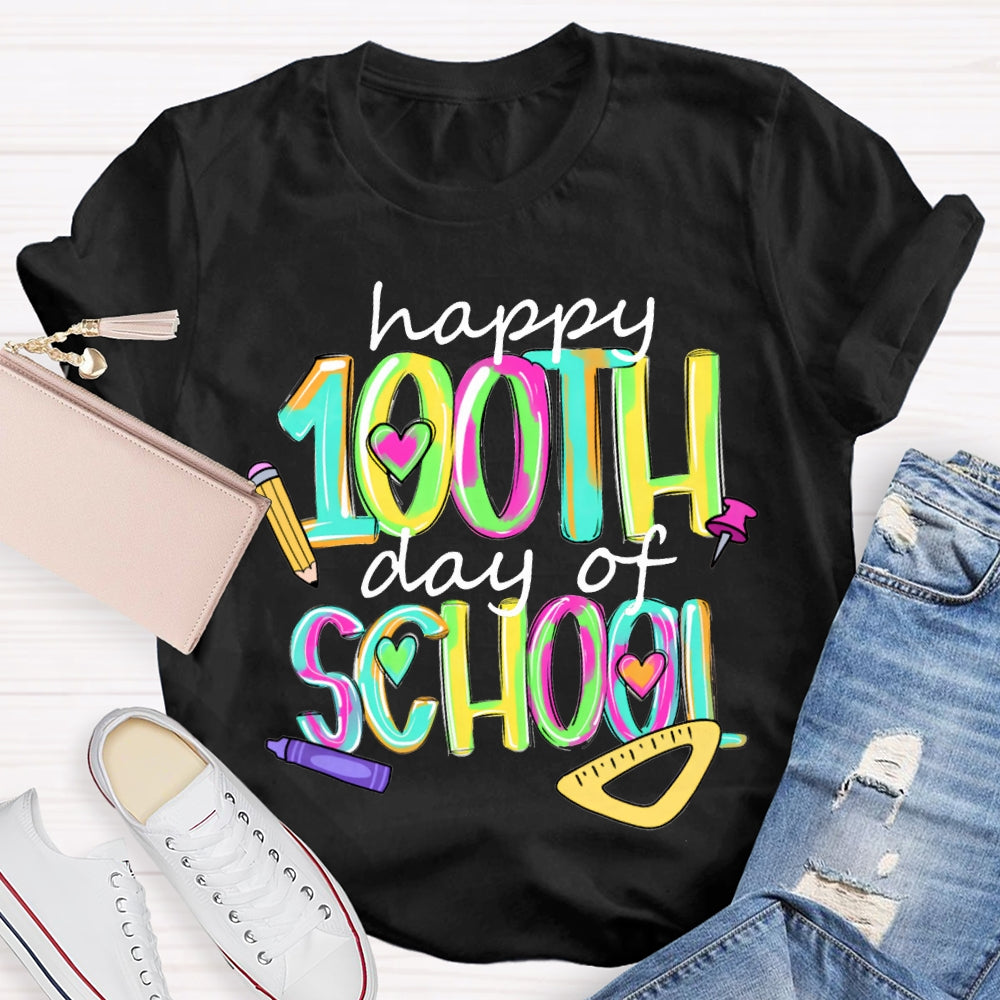 Happy 100th And Of School Colorful Tie-Dye Font T-shirt