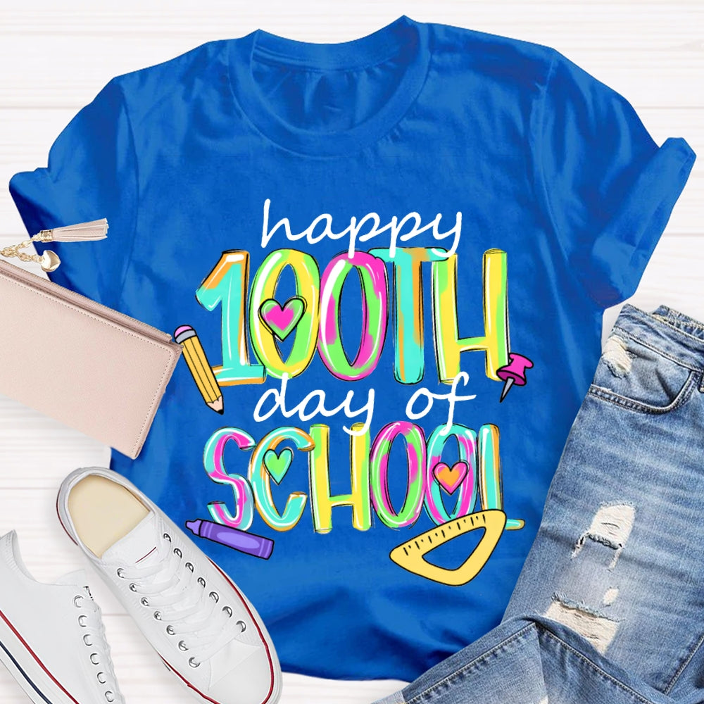 Happy 100th And Of School Colorful Tie-Dye Font T-shirt