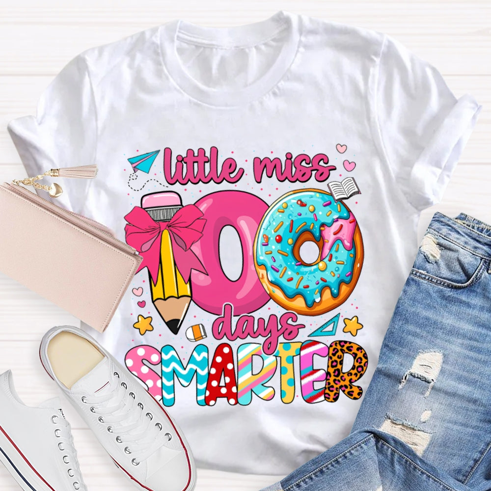 Little Miss 100 Days Smarter Pencil And Donut Print T-shirt