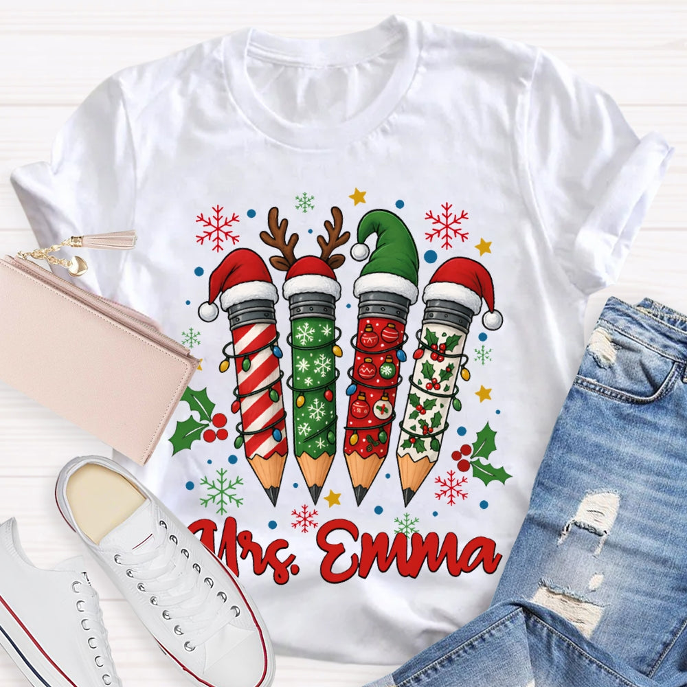 Personalized Name Colored Christmas Pencils And Snowflakes T-shirt
