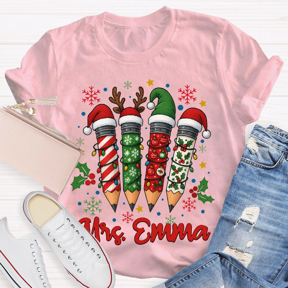 Personalized Name Colored Christmas Pencils And Snowflakes T-shirt