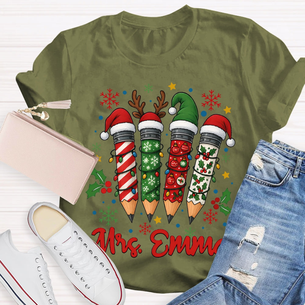 Personalized Name Colored Christmas Pencils And Snowflakes T-shirt