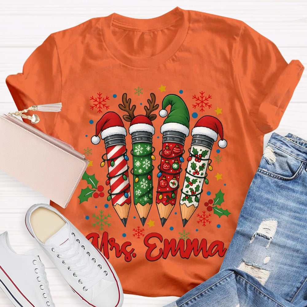 Personalized Name Colored Christmas Pencils And Snowflakes T-shirt