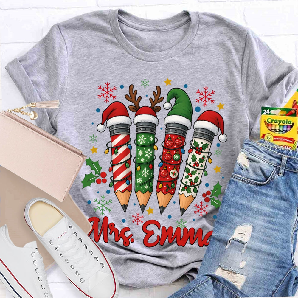 Personalized Name Colored Christmas Pencils And Snowflakes T-shirt