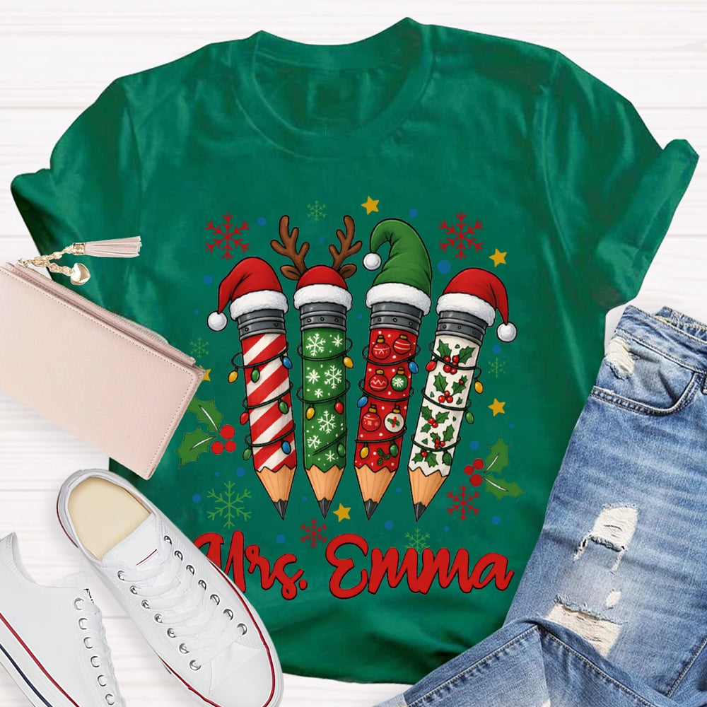Personalized Name Colored Christmas Pencils And Snowflakes T-shirt