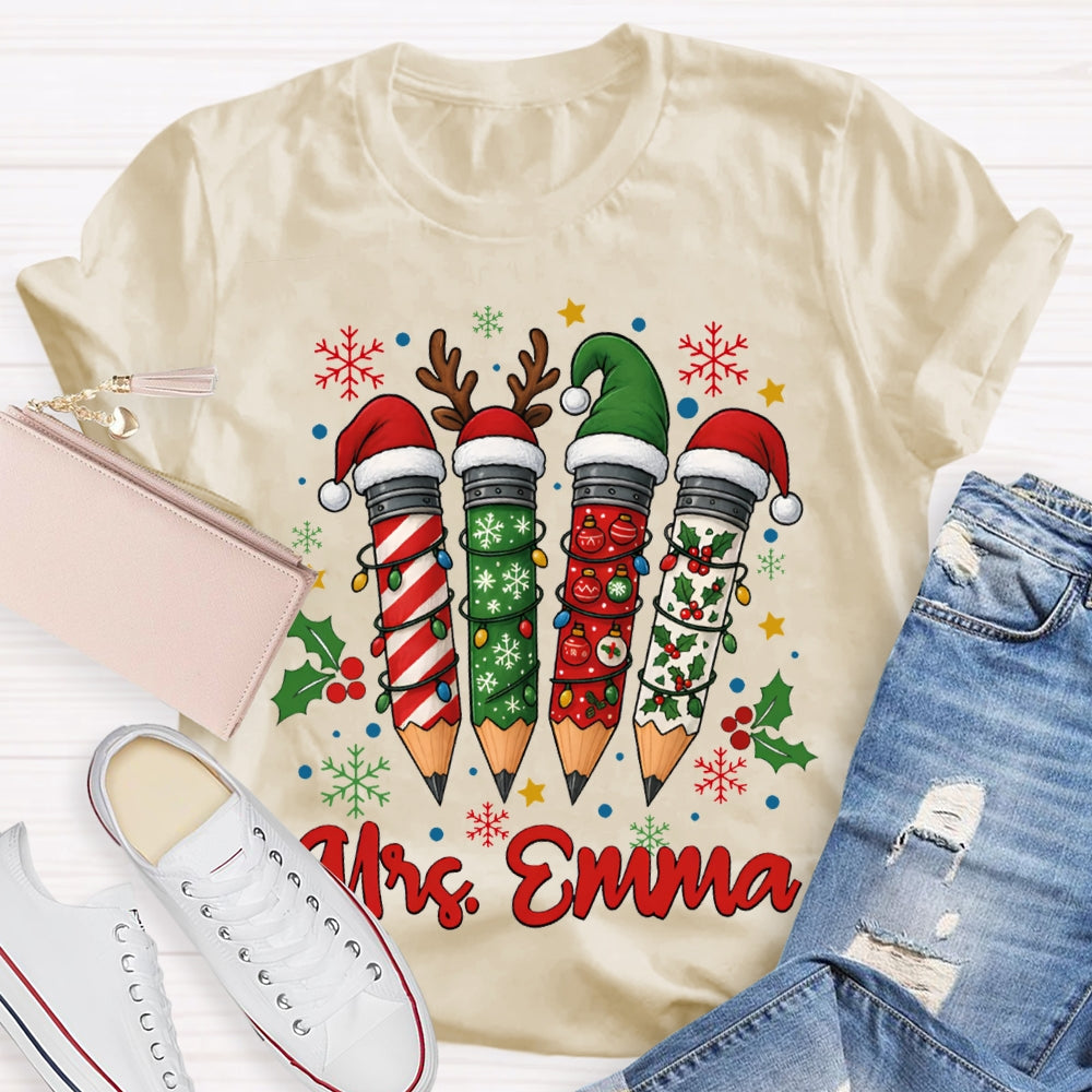 Personalized Name Colored Christmas Pencils And Snowflakes T-shirt