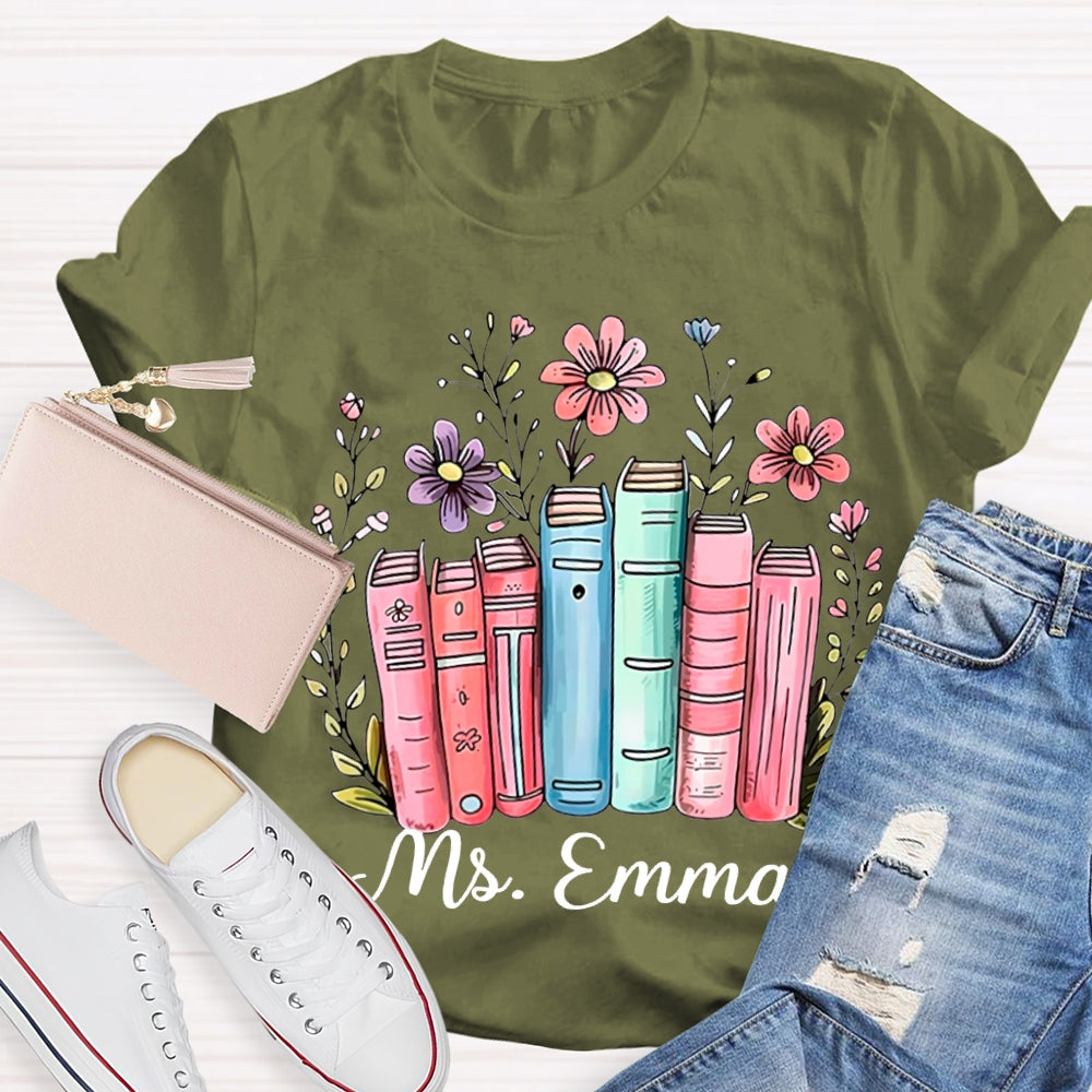Personalized Name Colored Books And Flowers T-shirt