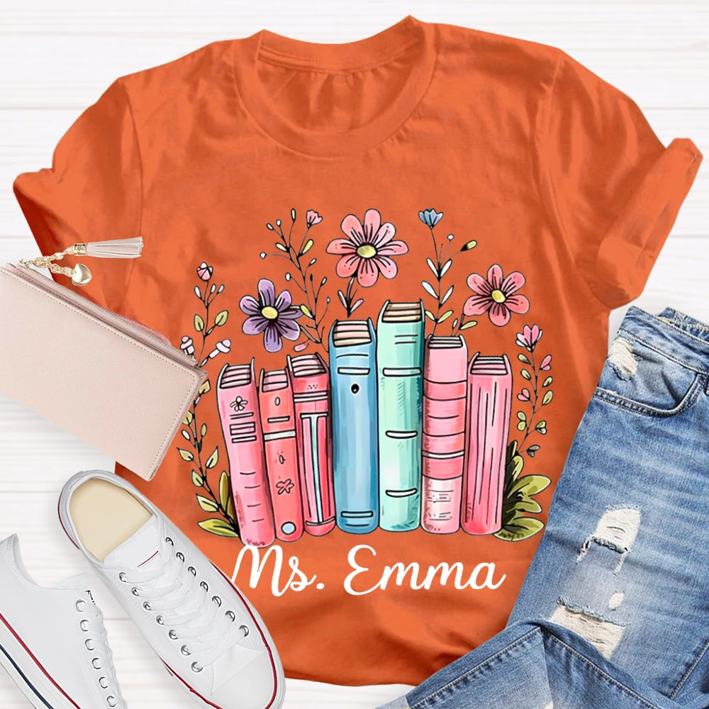 Personalized Name Colored Books And Flowers T-shirt