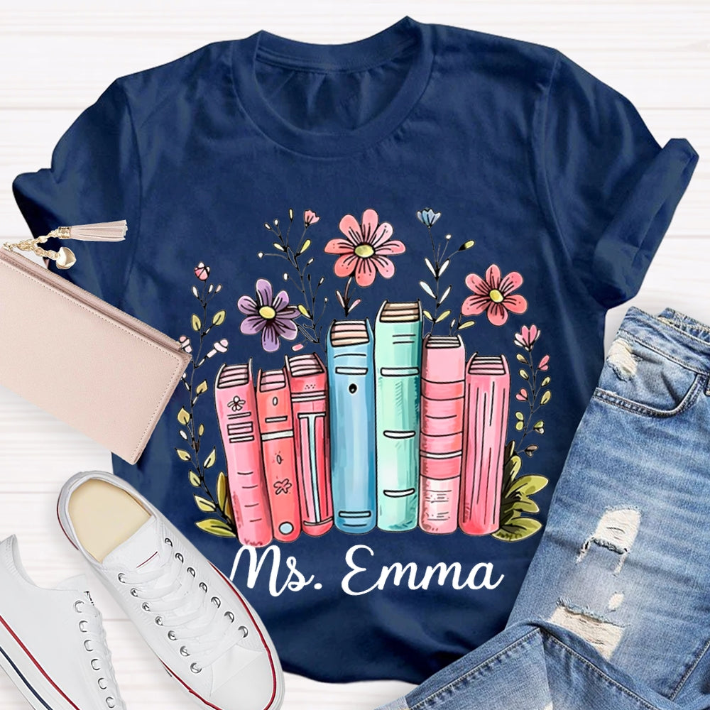 Personalized Name Colored Books And Flowers T-shirt