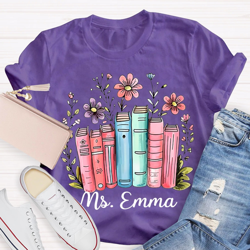 Personalized Name Colored Books And Flowers T-shirt