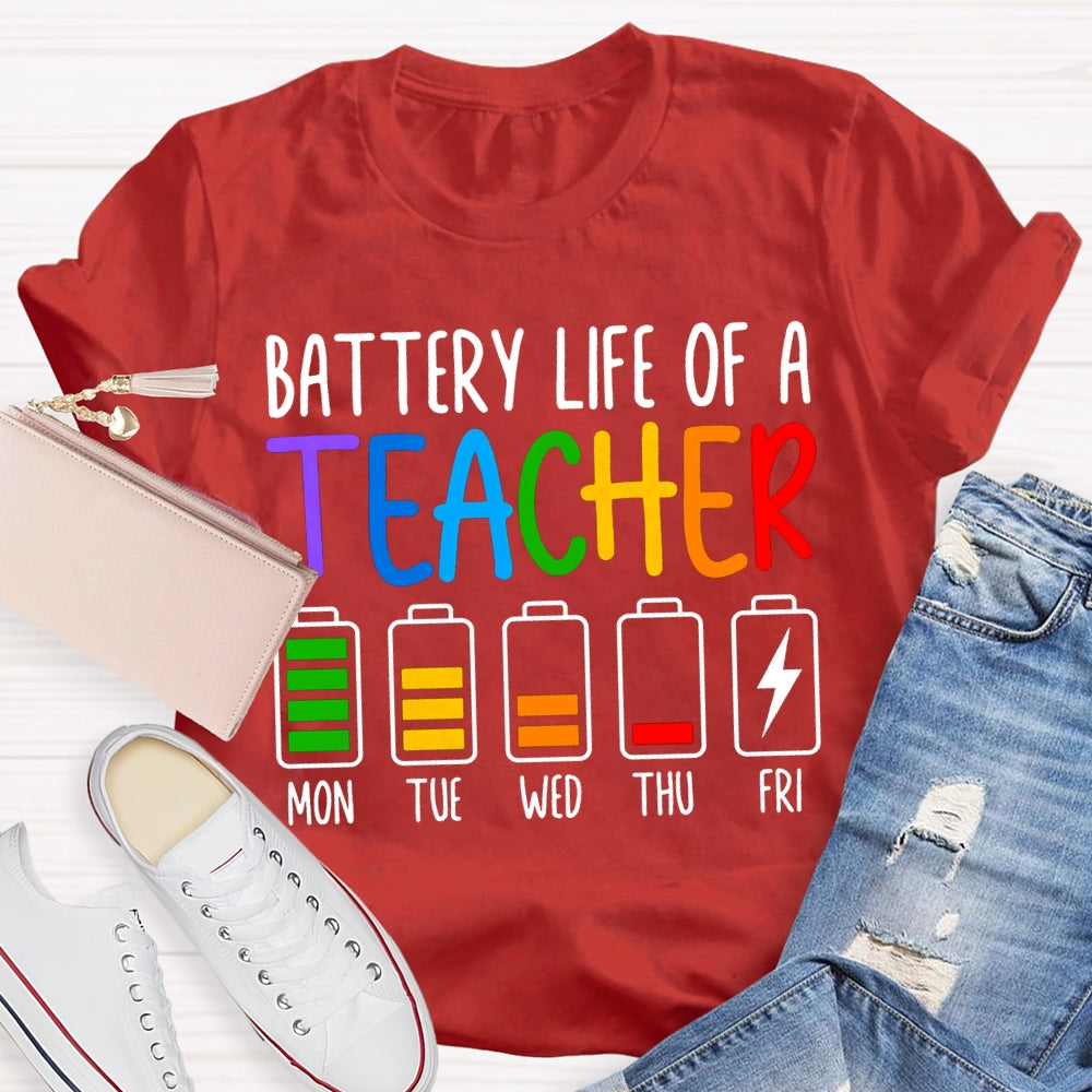 Battery Life Of A Teacher Mon Tue Wed Thu Fri Colored Battery Printing T-shirt