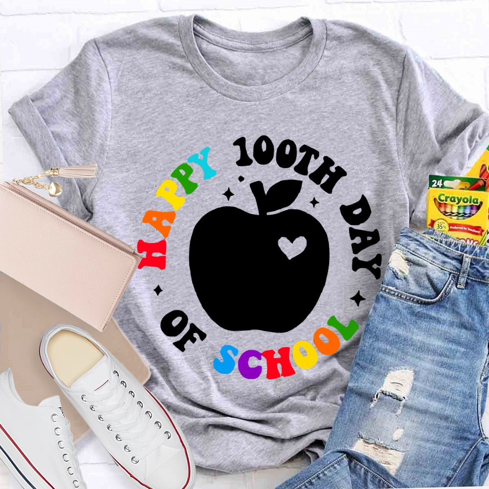 Happy 100th Day Of School Apple And Colored Fonts T-shirt