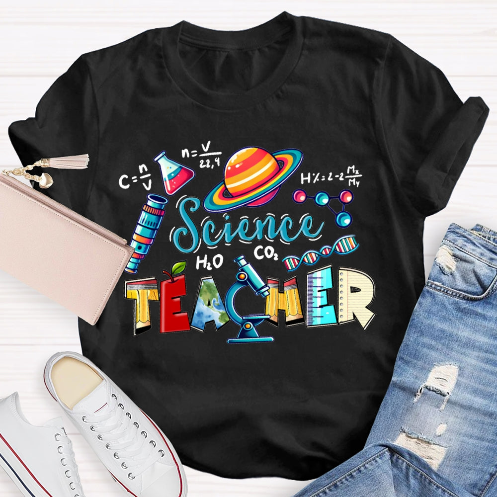 Science Teacher Colored Lettering And Experimental Bottles T-shirt