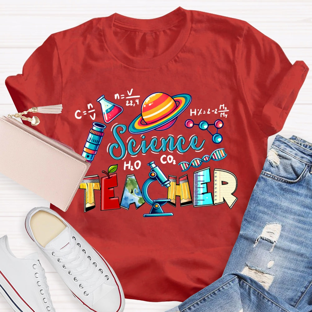 Science Teacher Colored Lettering And Experimental Bottles T-shirt