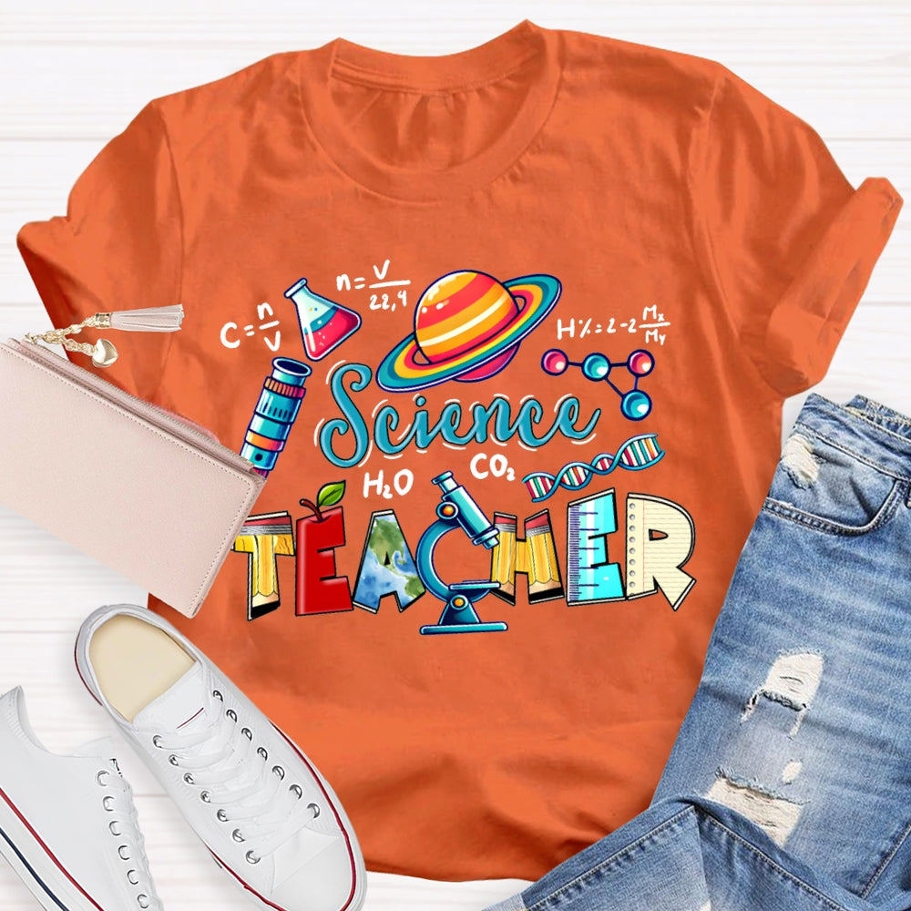 Science Teacher Colored Lettering And Experimental Bottles T-shirt