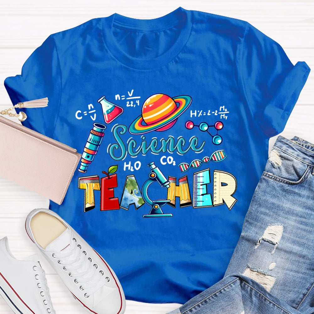 Science Teacher Colored Lettering And Experimental Bottles T-shirt