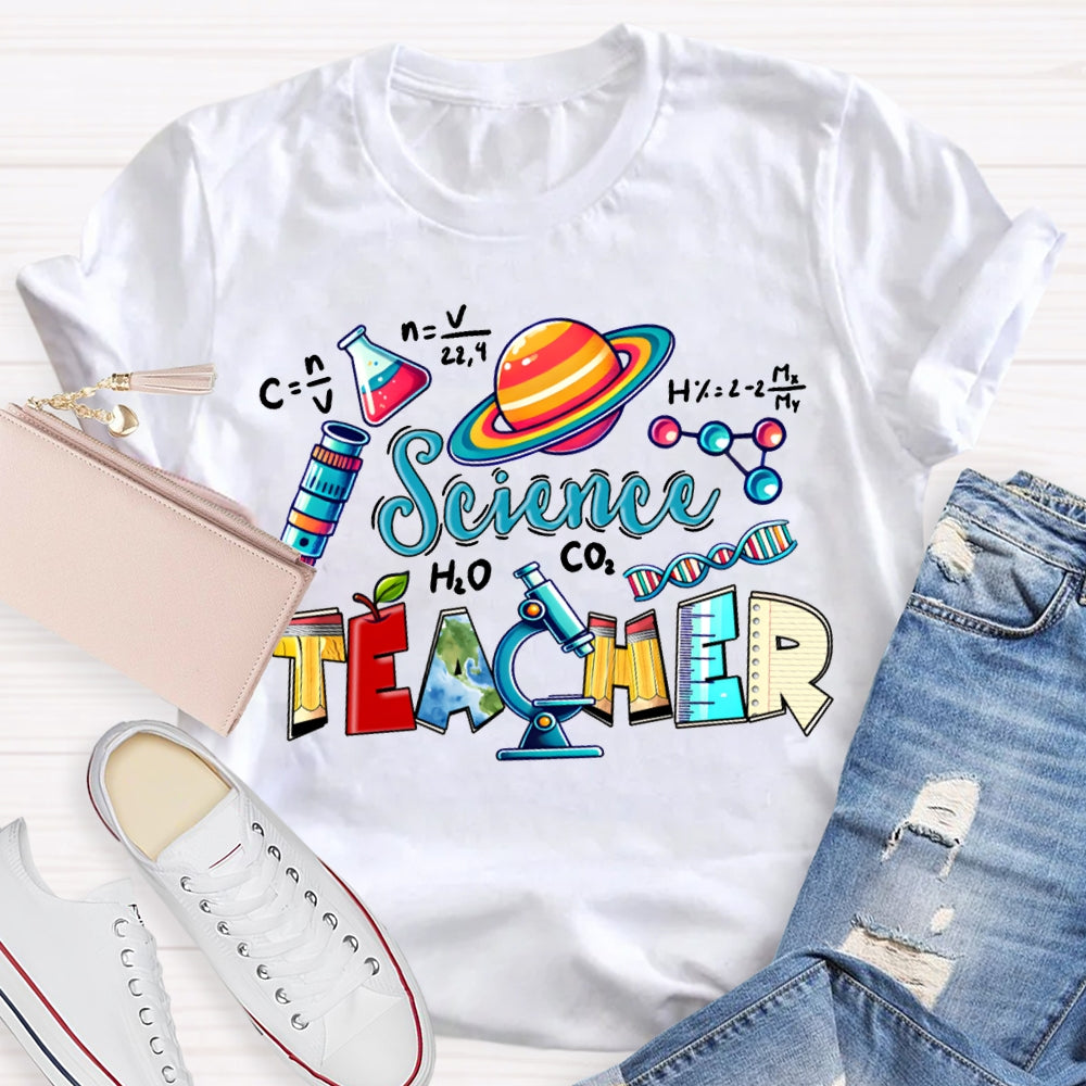 Science Teacher Colored Lettering And Experimental Bottles T-shirt