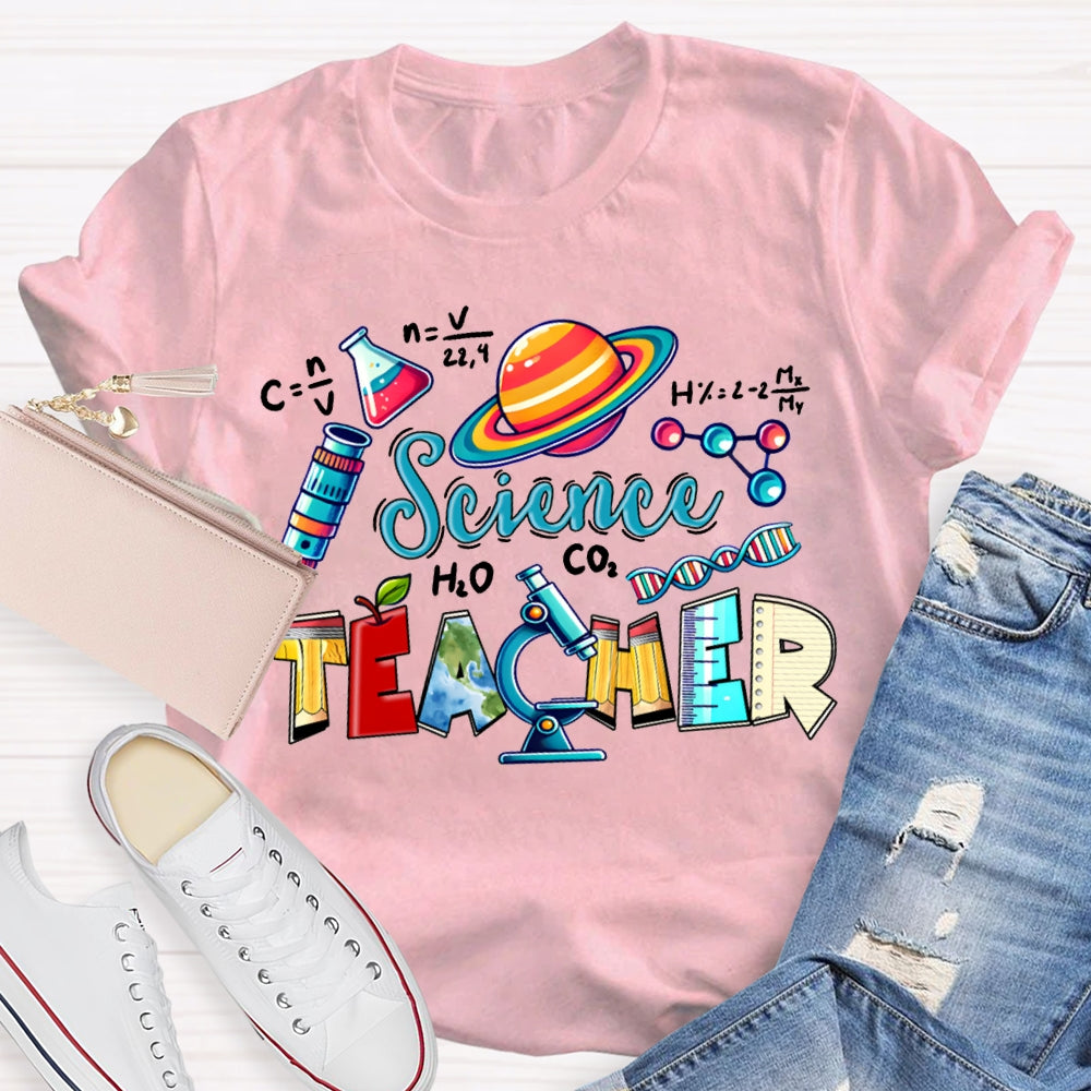 Science Teacher Colored Lettering And Experimental Bottles T-shirt