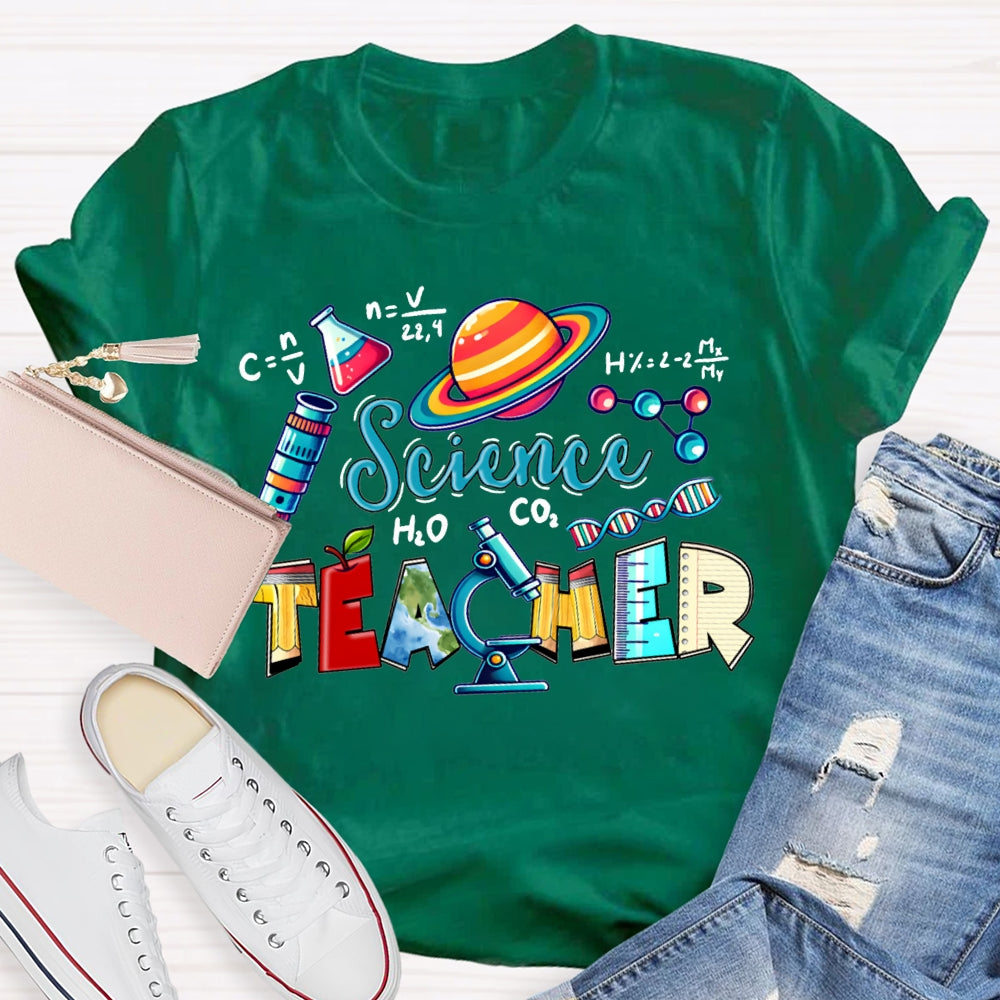Science Teacher Colored Lettering And Experimental Bottles T-shirt