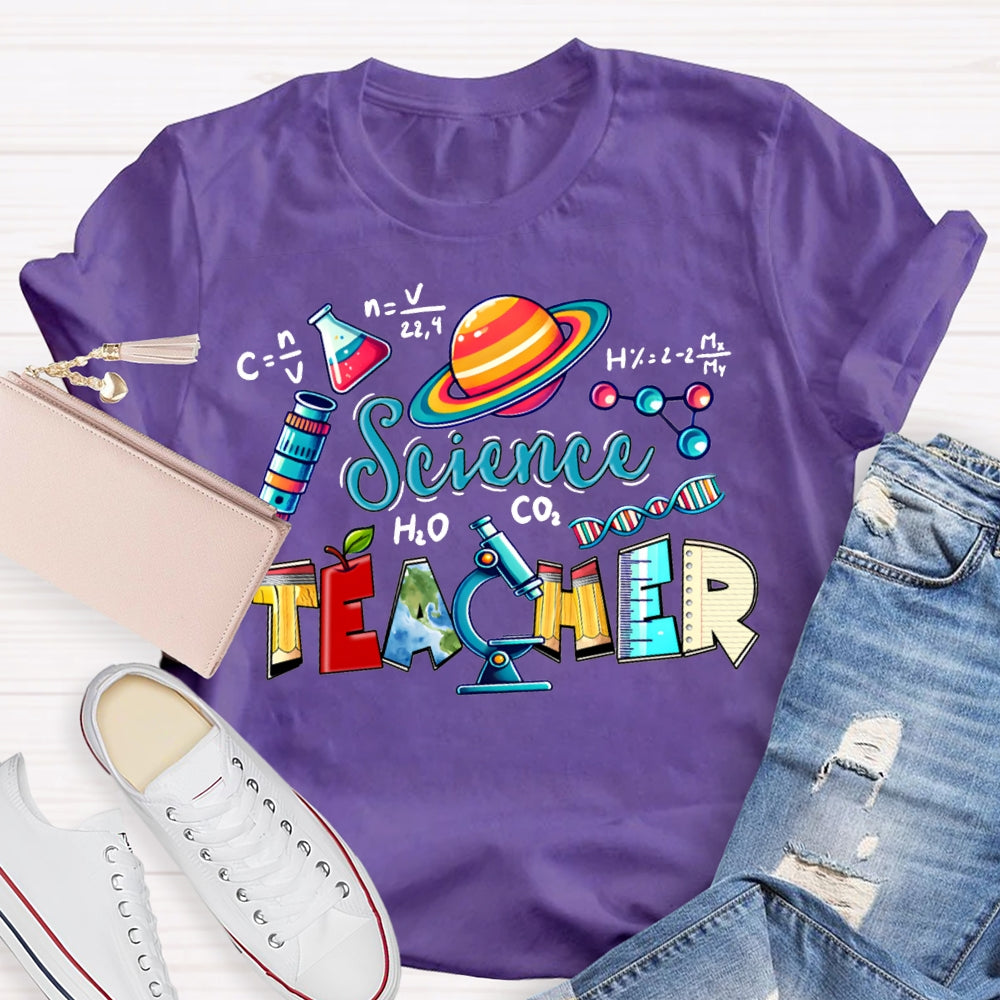 Science Teacher Colored Lettering And Experimental Bottles T-shirt