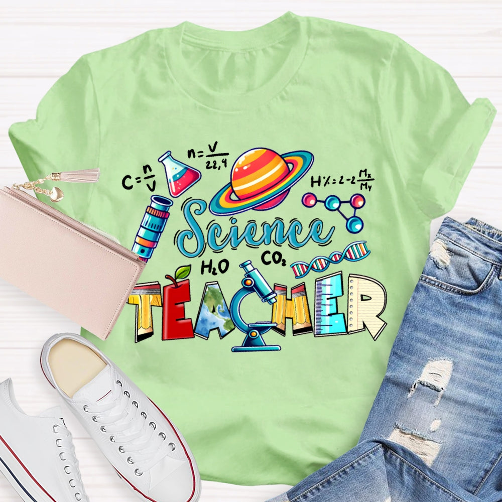 Science Teacher Colored Lettering And Experimental Bottles T-shirt