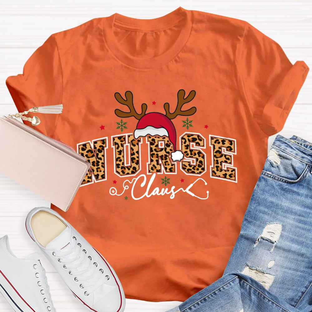 Nurse Claus Leopard Print Font And Santa Hat T-shirt