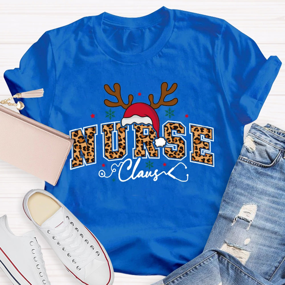 Nurse Claus Leopard Print Font And Santa Hat T-shirt