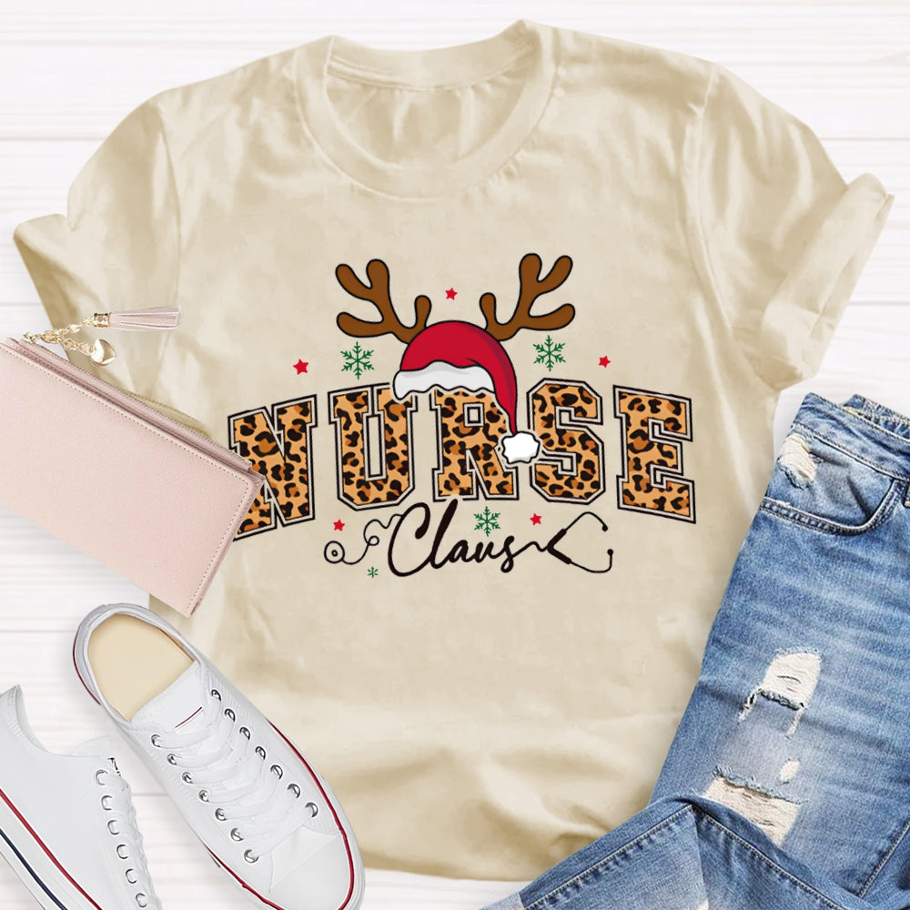 Nurse Claus Leopard Print Font And Santa Hat T-shirt
