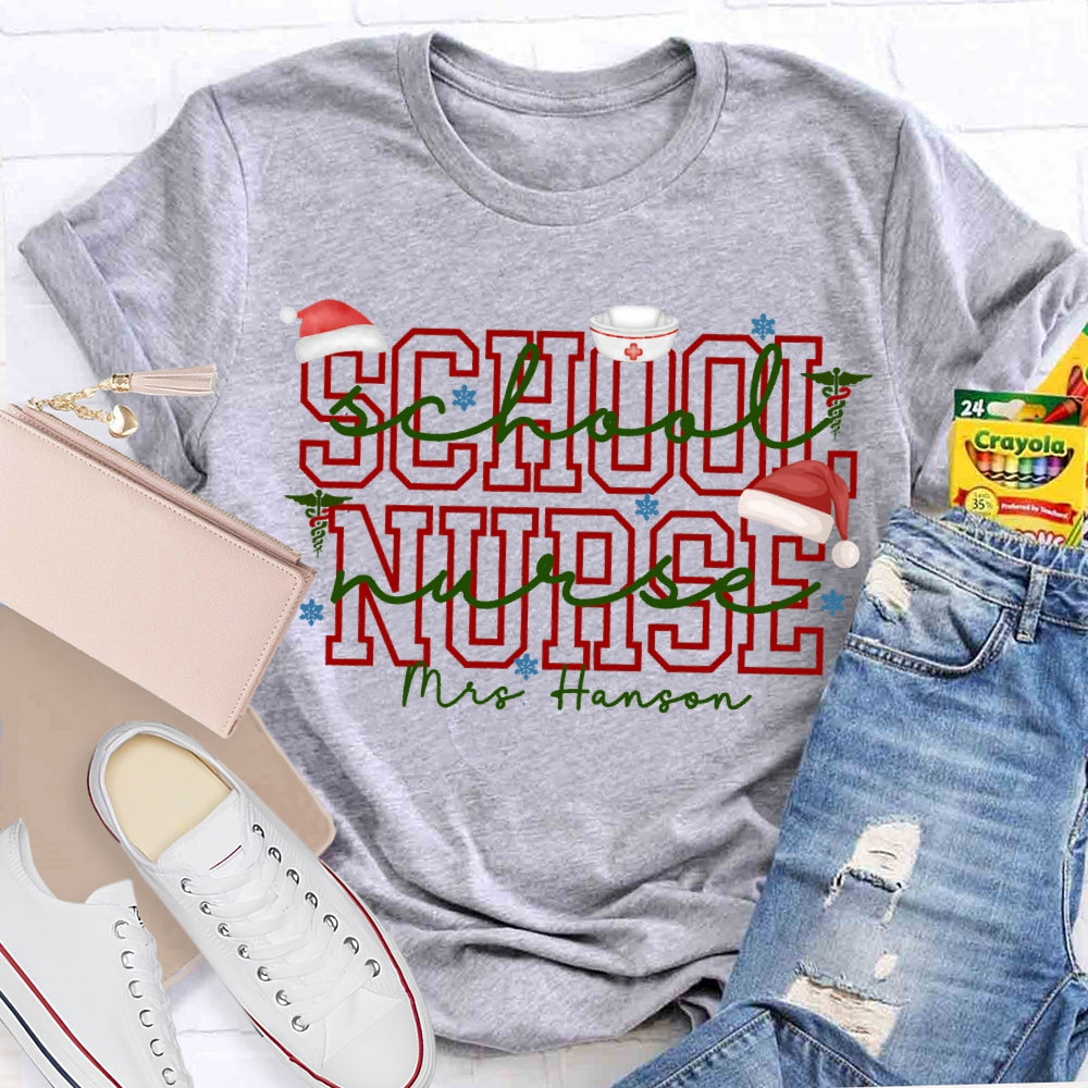 Personalized Name School Nurse Snowflakes And Christmas Vibes Fonts T-shirt