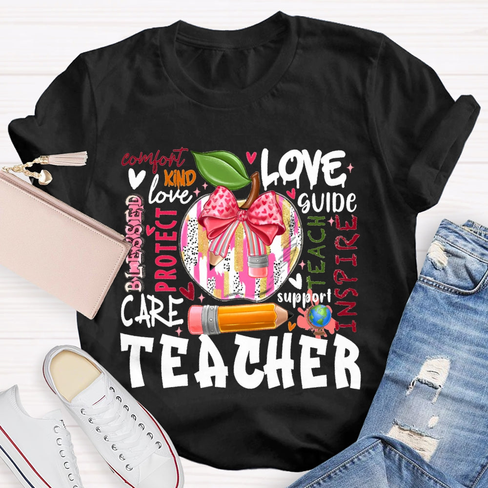Love Kind Care Protect Support And Tie-Dyed Apples Teacher T-shirt