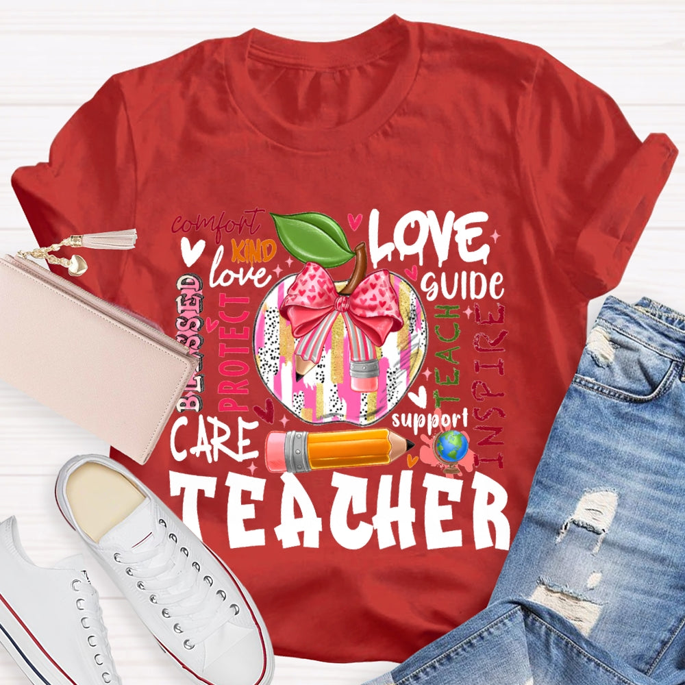 Love Kind Care Protect Support And Tie-Dyed Apples Teacher T-shirt