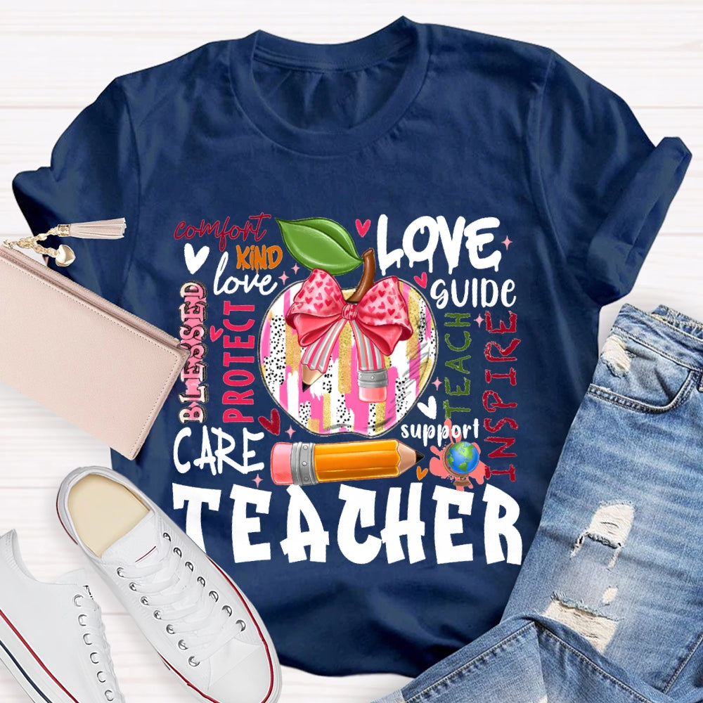 Love Kind Care Protect Support And Tie-Dyed Apples Teacher T-shirt