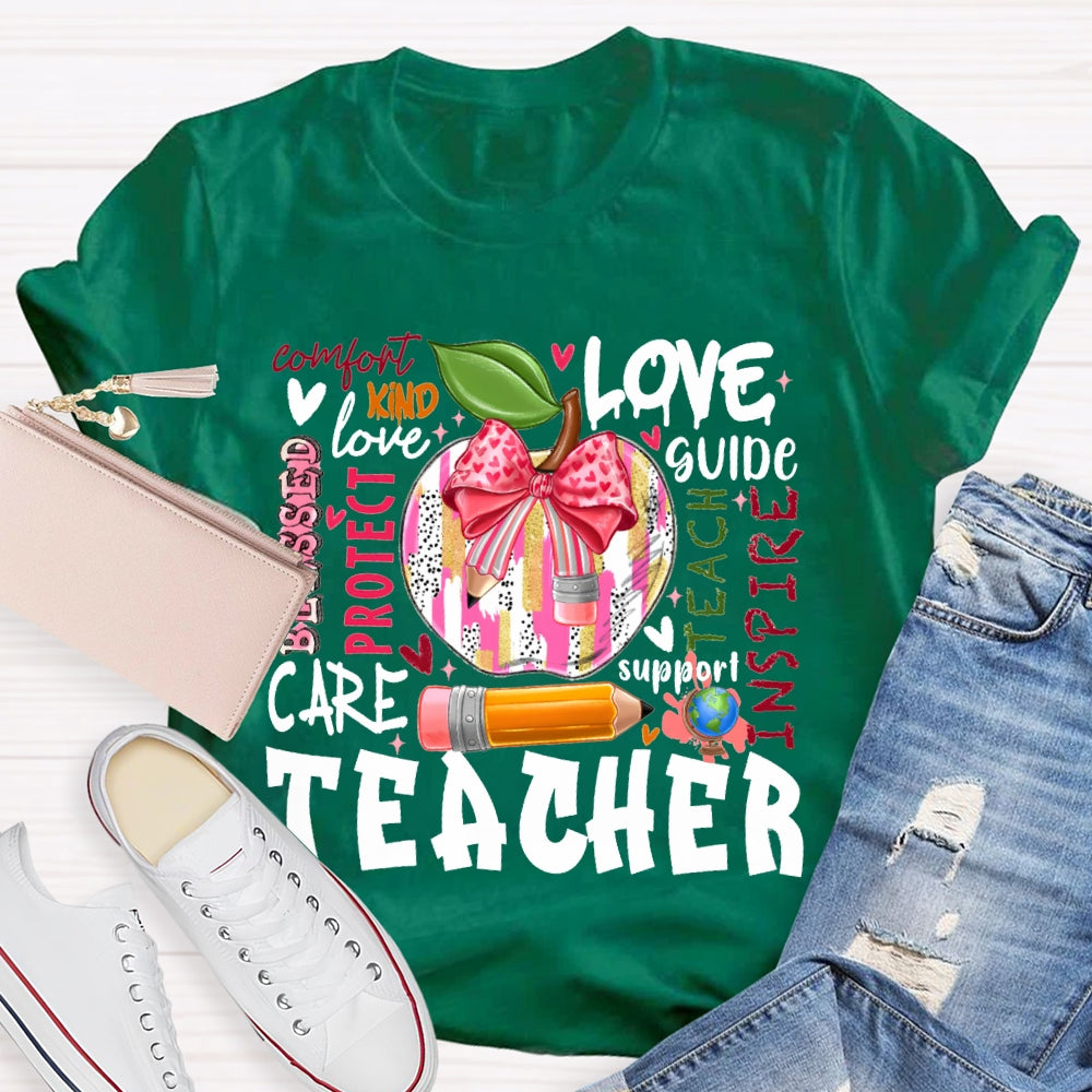 Love Kind Care Protect Support And Tie-Dyed Apples Teacher T-shirt