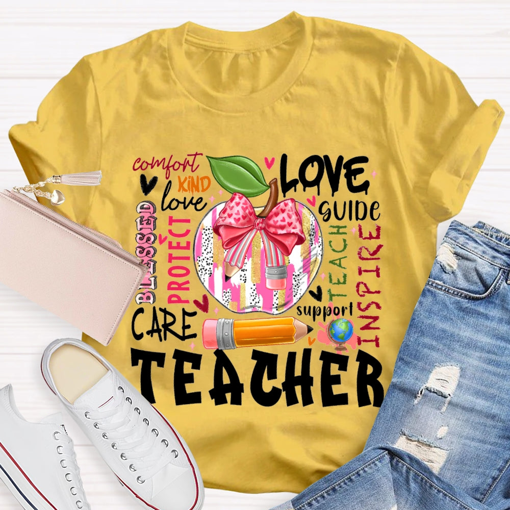 Love Kind Care Protect Support And Tie-Dyed Apples Teacher T-shirt