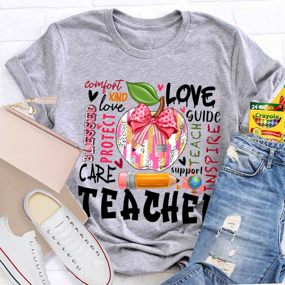 Love Kind Care Protect Support And Tie-Dyed Apples Teacher T-shirt