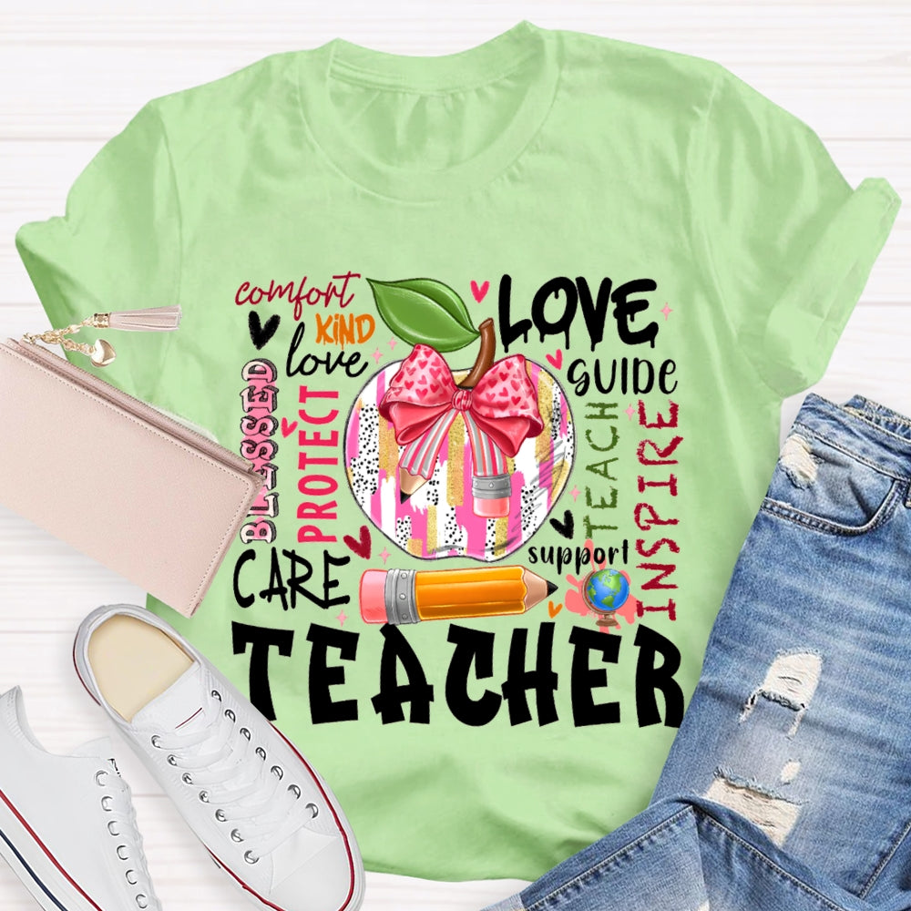 Love Kind Care Protect Support And Tie-Dyed Apples Teacher T-shirt
