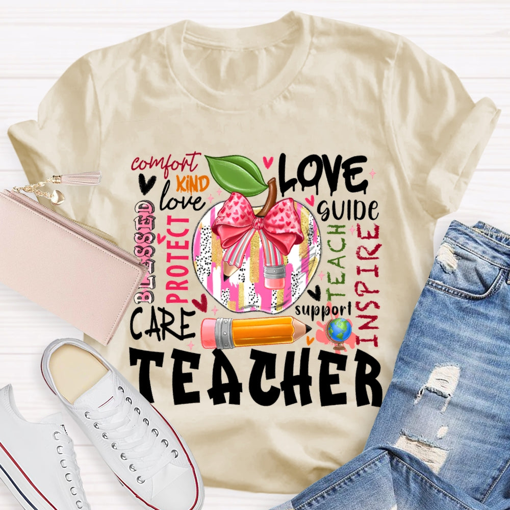 Love Kind Care Protect Support And Tie-Dyed Apples Teacher T-shirt