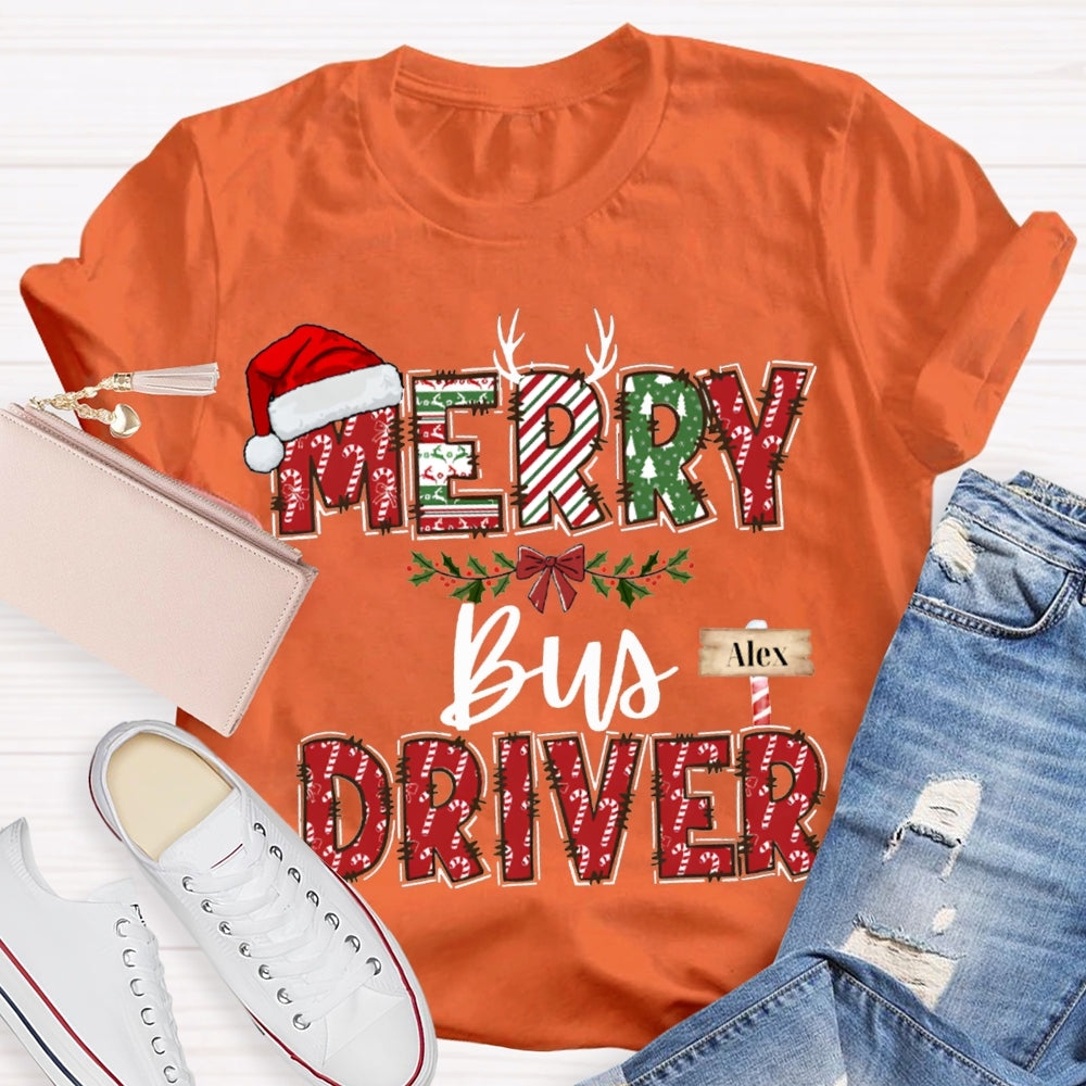 Personalized Name Merry Bus Driver Christmas Hat T-shirt