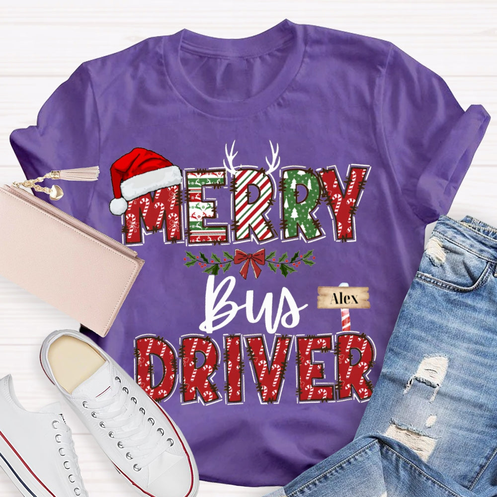 Personalized Name Merry Bus Driver Christmas Hat T-shirt