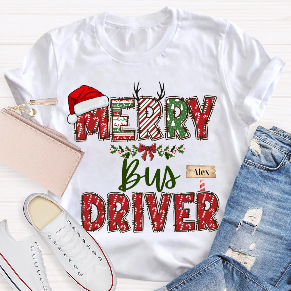 Personalized Name Merry Bus Driver Christmas Hat T-shirt