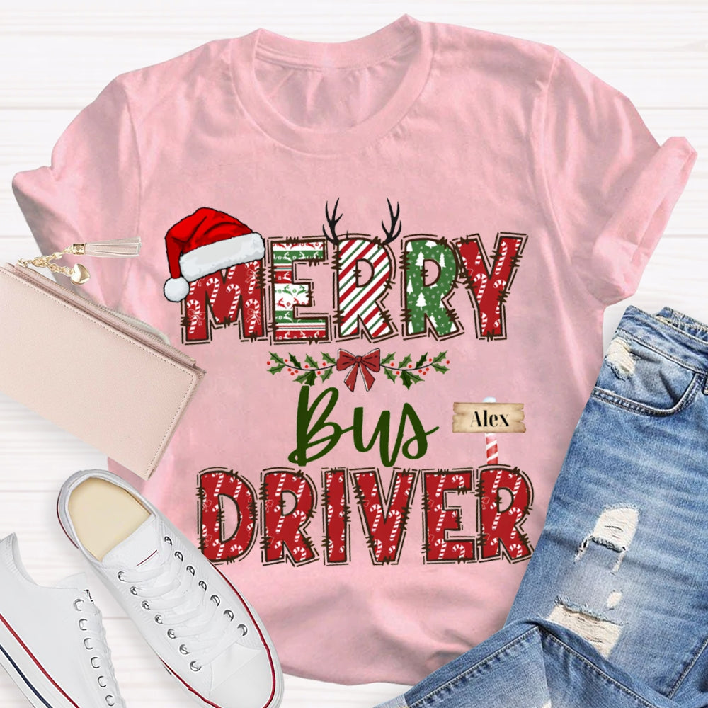 Personalized Name Merry Bus Driver Christmas Hat T-shirt