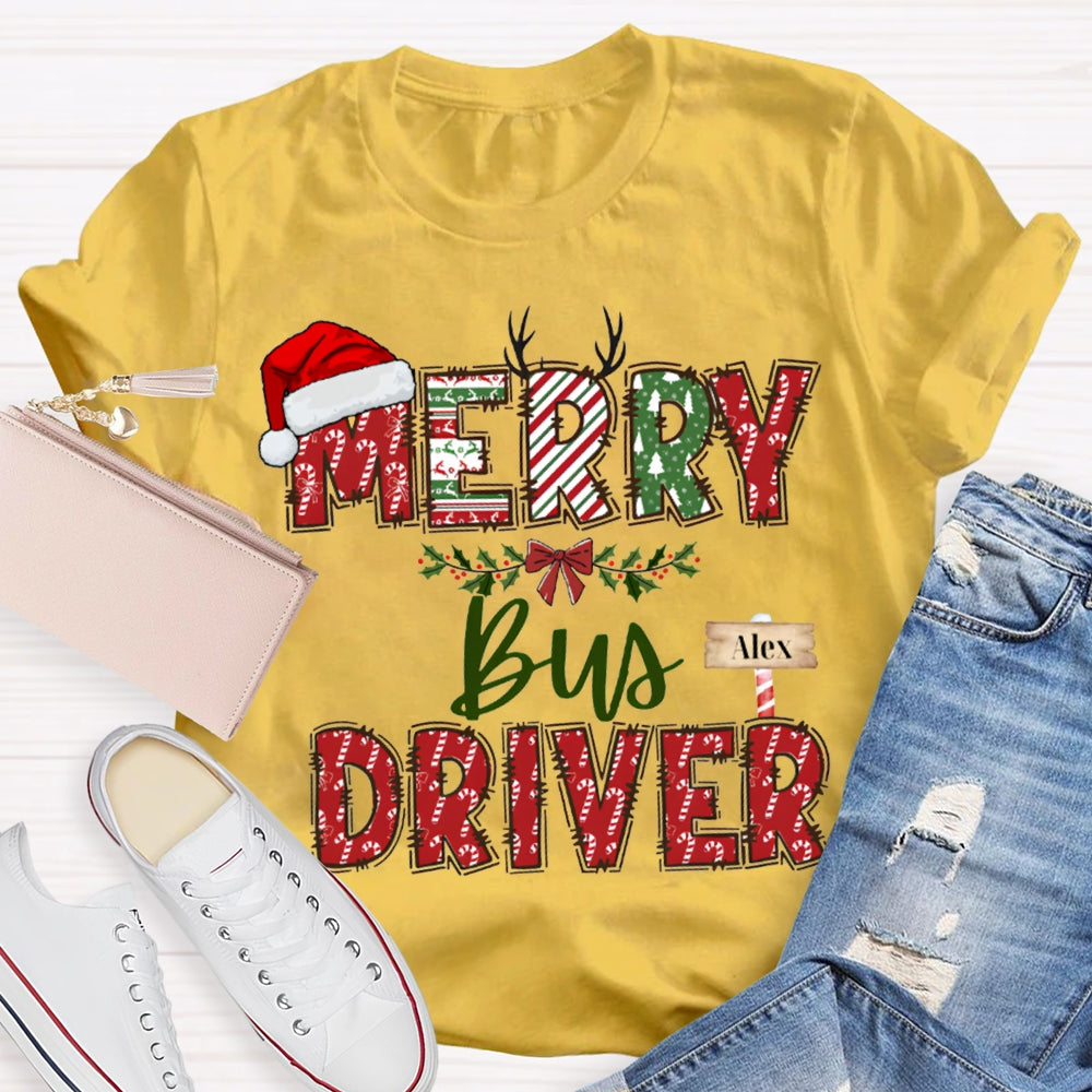Personalized Name Merry Bus Driver Christmas Hat T-shirt