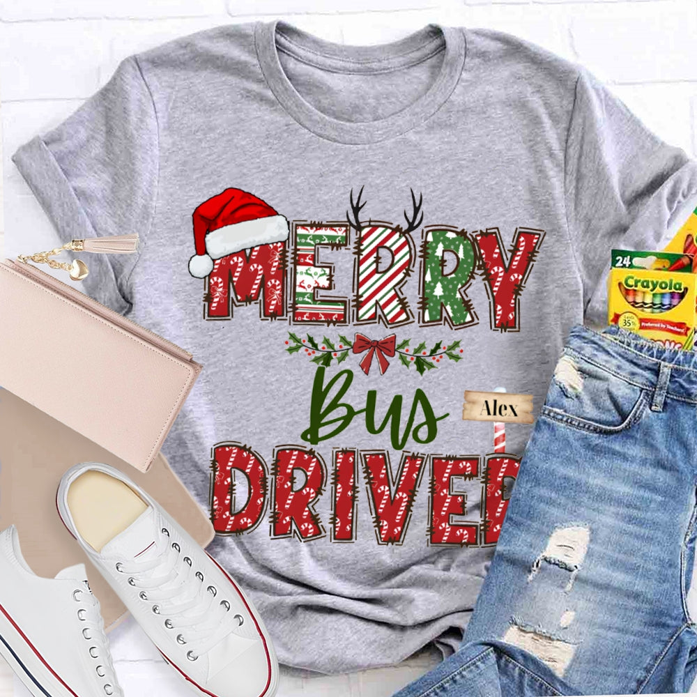 Personalized Name Merry Bus Driver Christmas Hat T-shirt