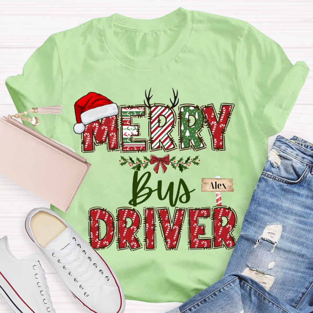 Personalized Name Merry Bus Driver Christmas Hat T-shirt