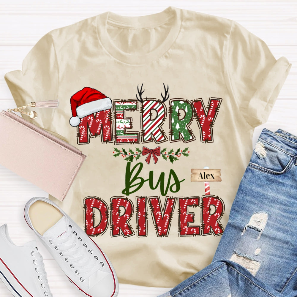 Personalized Name Merry Bus Driver Christmas Hat T-shirt
