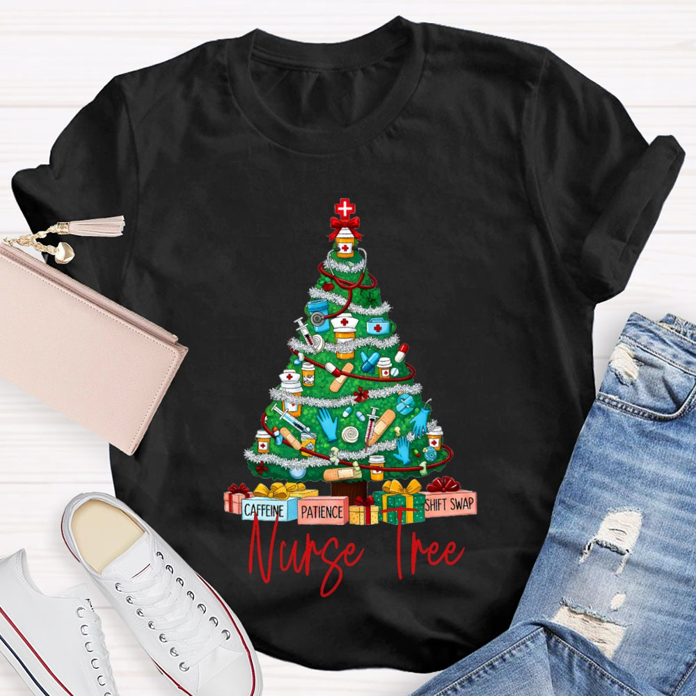School Nurse Tree Caffeine Patience Shift Swap Christmas T-shirt